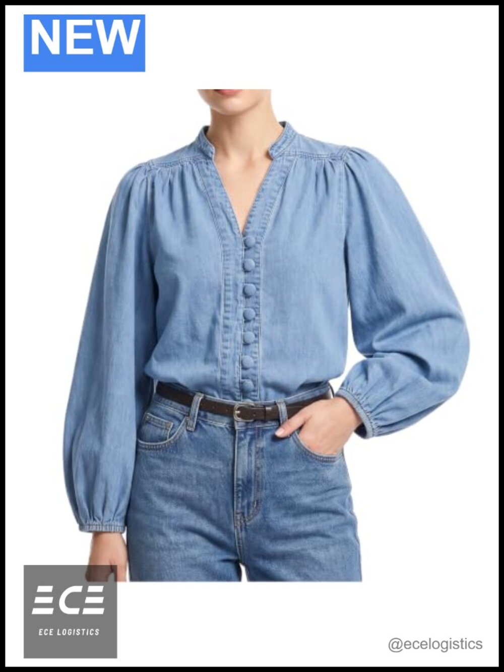 Women's V Neck Denim Button Down Shirt Lantern Sleeve Casual Blouse